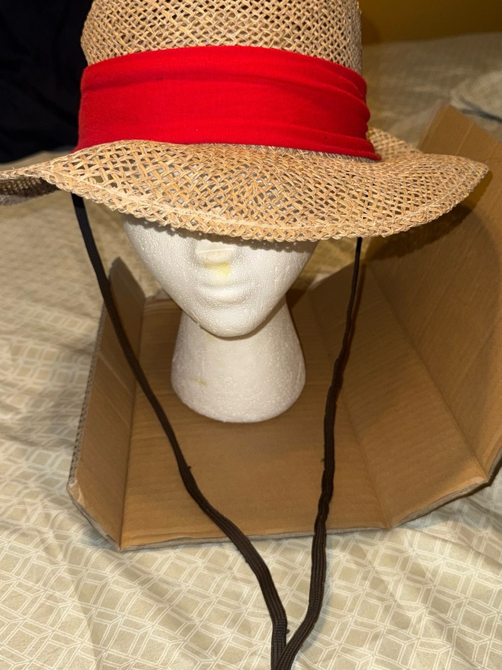 Natural Straw Sun Hat with Bright Red Band and Chin Ties